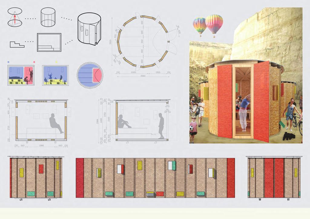 CONCEPT SLEEPING LIVING STORAGE DIAGRAMS FLOORPLAN 1:50 SECTIONS 1:50 RENDER