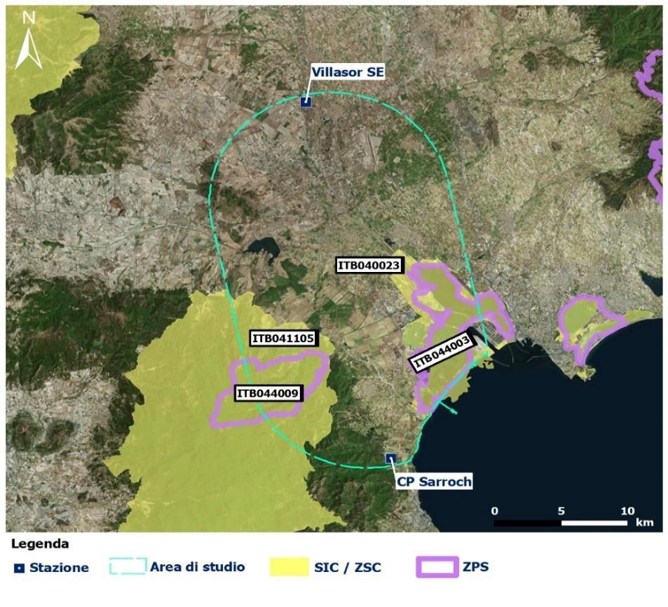 L area di studio inerente l azione operativa di nuova infrastrutturazione Collegamento Sicilia - Sardegna: collegamento terrestre in Sardegna (azione 723-N_08) interessa 4 siti Natura 2000.