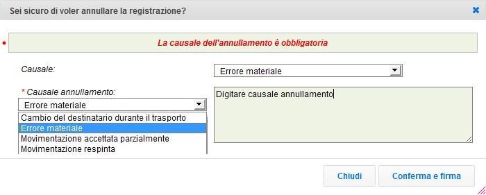 Selezionare la causale dell annullamento tramite il menù a tendina,