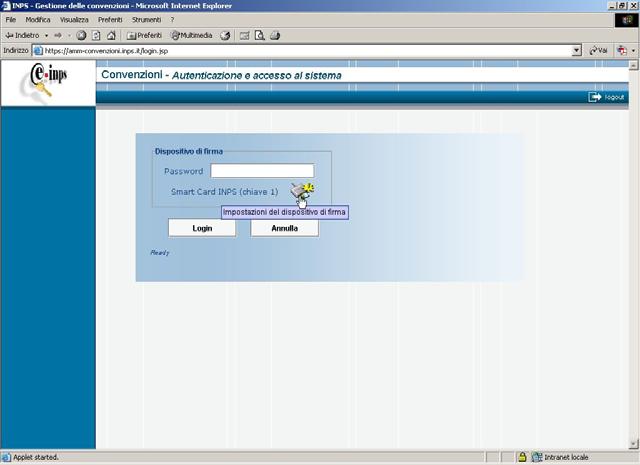 Figura 3 Pagina di accesso al sistema ed impostazione del dispositivo di firma Superata la fase di identificazione, il sistema proporrà all utente un menù con la possibilità di scegliere tra una o