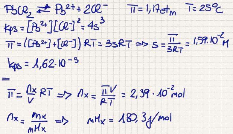2A) La pressione osmotica di una soluzione acquosa satura di cloruro di piombo (II),misurata a 25 C, è di 1.17 atm. Si determini: (a) il prodotto di solubilità e(b)la solubilità del sale.