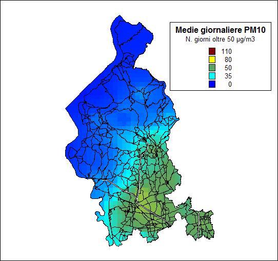 media giornaliera di PM 10 per le province lombarde, simulate con il