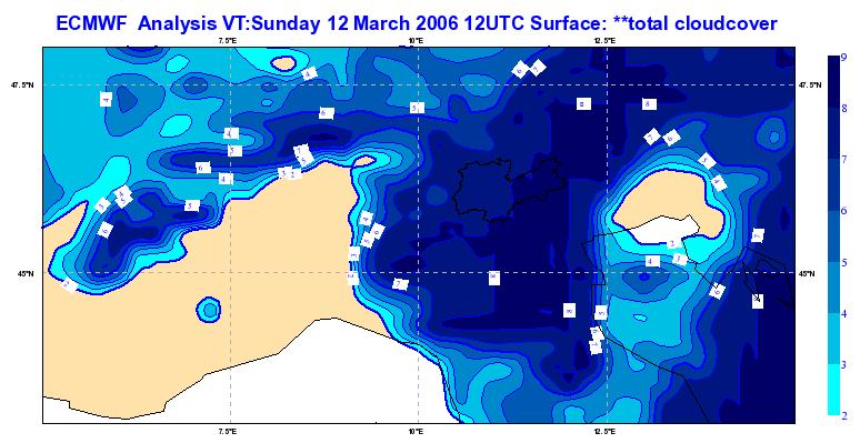 Fig. 4 Mappa di analisi della copertura nuvolosa totale, ore 12 UTC 12/3/6 ECMWF I dati di vento osservati In tab.