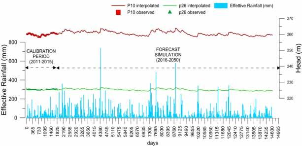 Modello numerico di flusso delle acque sotterranee in area test Utilizzando il modello calibrato sono state in effettuate alcune simulazioni previsionali per verificare il comportamento del sistema