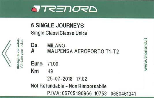 1.5.3 Biglietto Malpensa Express Multicorsa: Per 6 viaggi da/per Malpensa lungo una tratta prestabilita a) Formato Magnetico Utilizzo: Bidirezionale sulla tratta Malpensa