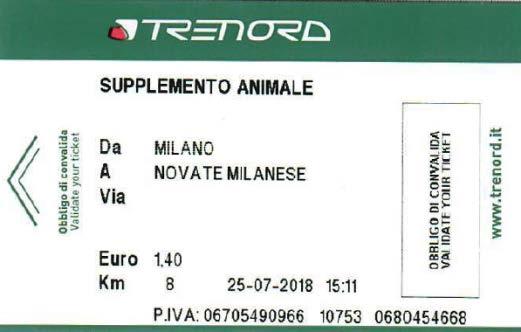 1.6 Supplementi 1.6.1 Supplemento Animali: per trasportare animali al seguito del viaggiatore sul treno a) Print@Home Utilizzo: Unidirezionale sulla tratta indicata Tariffa: 50% del biglietto