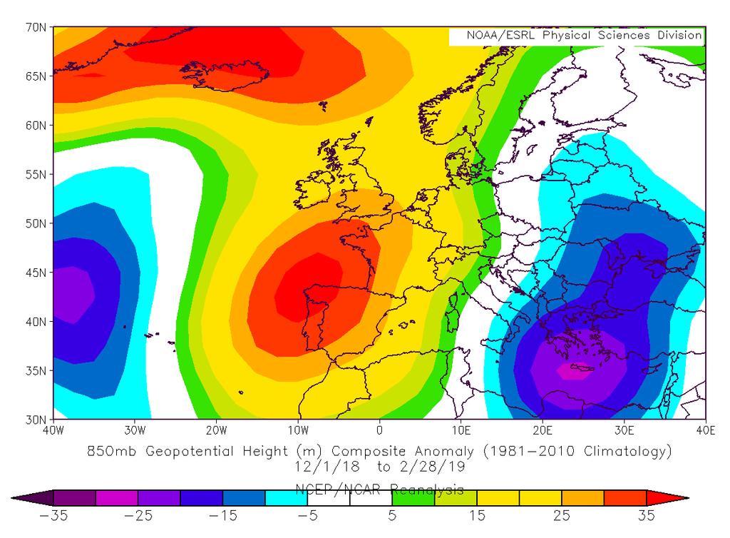 Figura 2- Anomalia media in altezza del livello di pressione di 50 hpa dal dicembre 201 al 2 febbraio 2019.