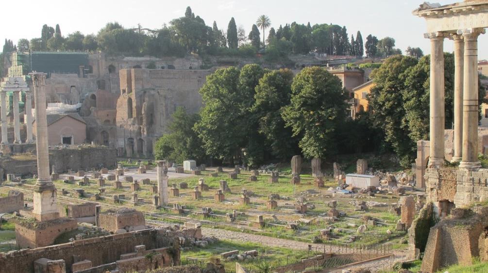 La basilica Giulia sorse su un'area in leggera pendenza, alle basse pendici del Campidoglio, come si può notare dal differente numero di scalini che si