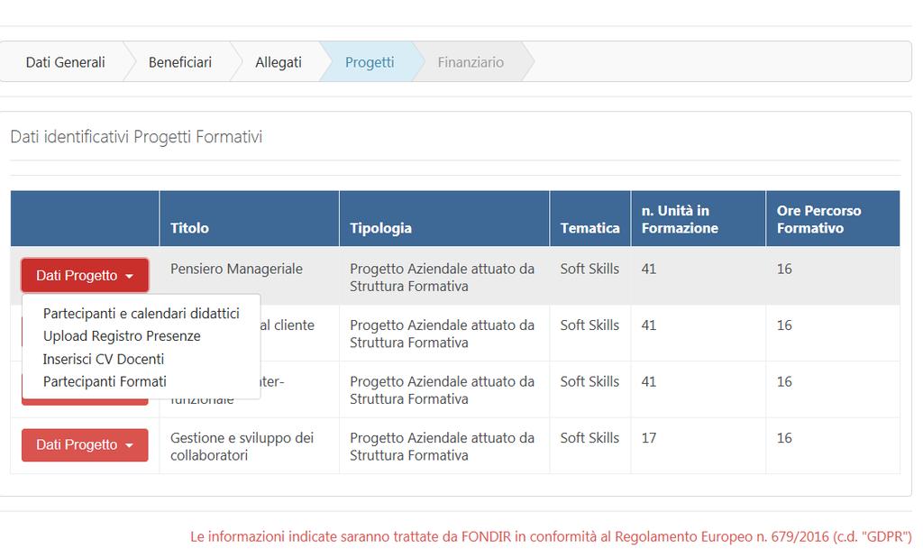 Inserimento ore di frequenza per partecipante scegliere il progetto, cliccare