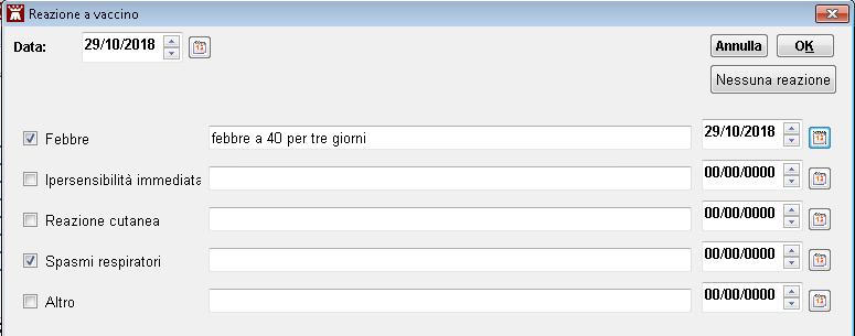 4. Reazione avversa : inserire se si è presentata una reazione avversa, indicando una o più delle seguenti informazioni: la data della reazione al vaccino Nessuna reazione la reazione