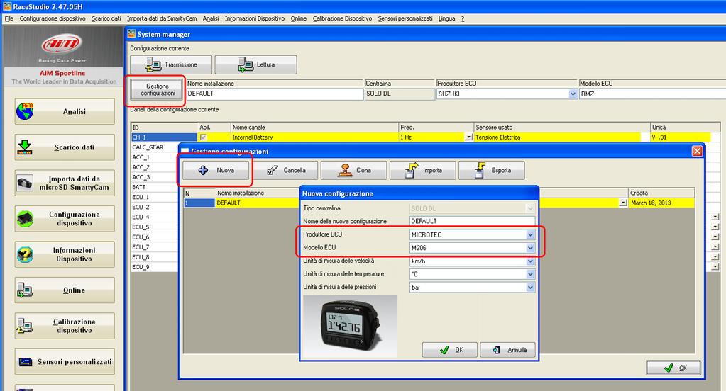 Il software mostra la pagina di configurazione di SoloDL: si prema Gestione configurazioni e si selezioni la