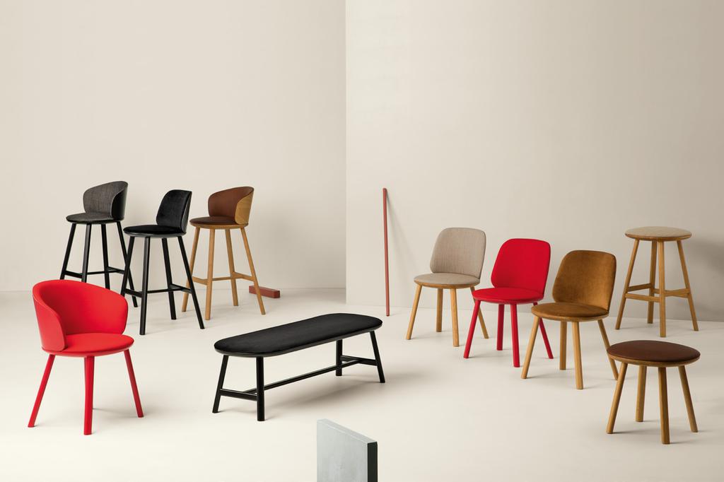 LucidiPevere Palmo Palmo, cat.: chair, armchair, stool, pouf, bench /sedia, poltrona, sgabello, pouf, panca 1 + 2 + 3 Stool, upholstered seat and back, wooden outer back.