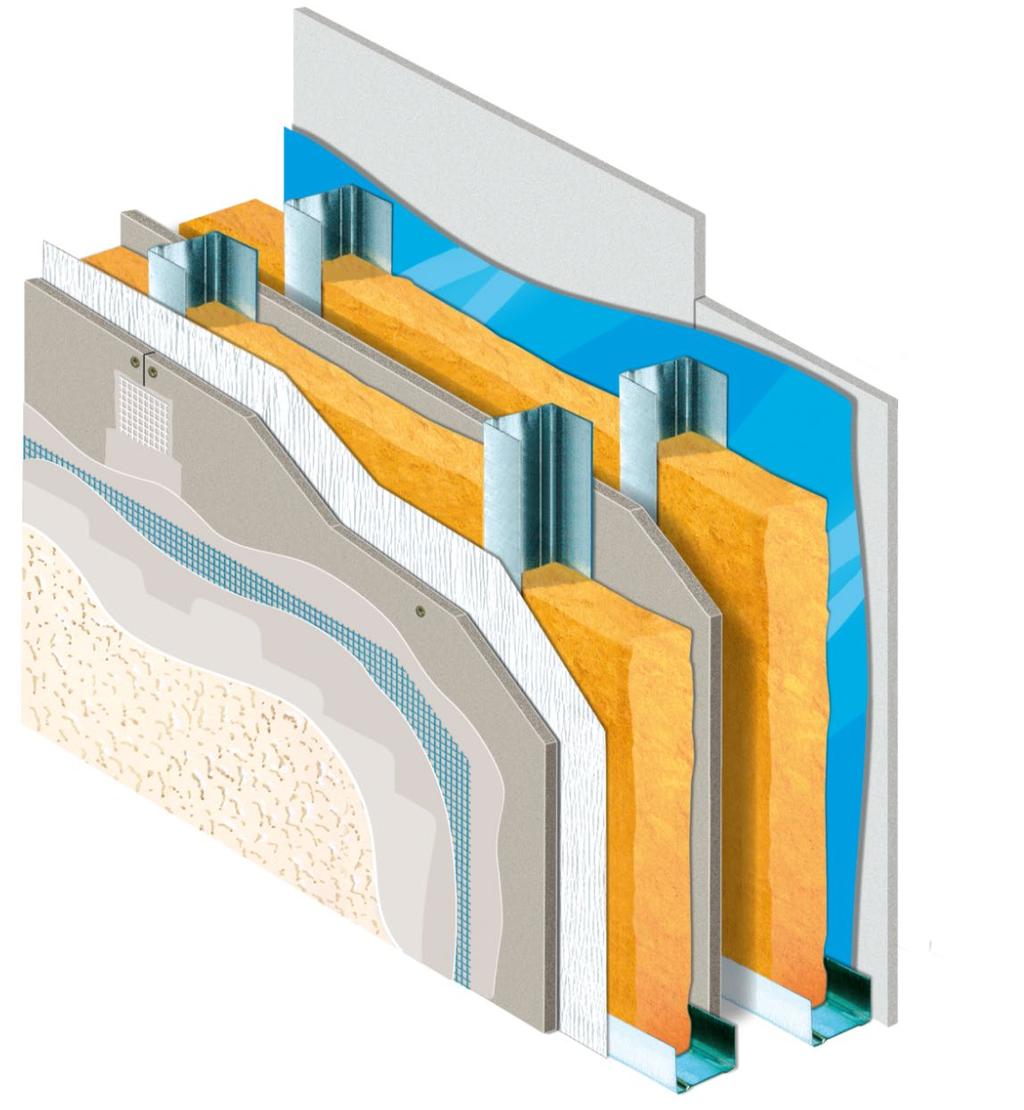 LA PARETE ESTERNA KNAUF CON TECNOLOGIA AQUAPANEL Interno Lastre in gesso rivestito Knauf con B.V.. Orditura metallica zincata interna Isolante Intercapedine d aria Lastra in gesso rivestito/ pann.