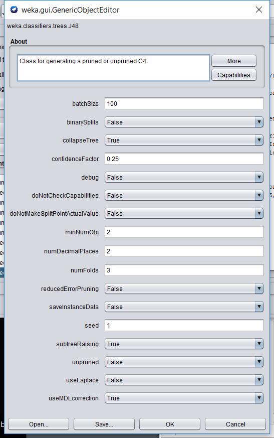 Impostazioni Principali J48 Il pruning è una attività fondamentale nella creazione dell albero, molte impostazioni sono volte a migliorare questo aspetto Confidence