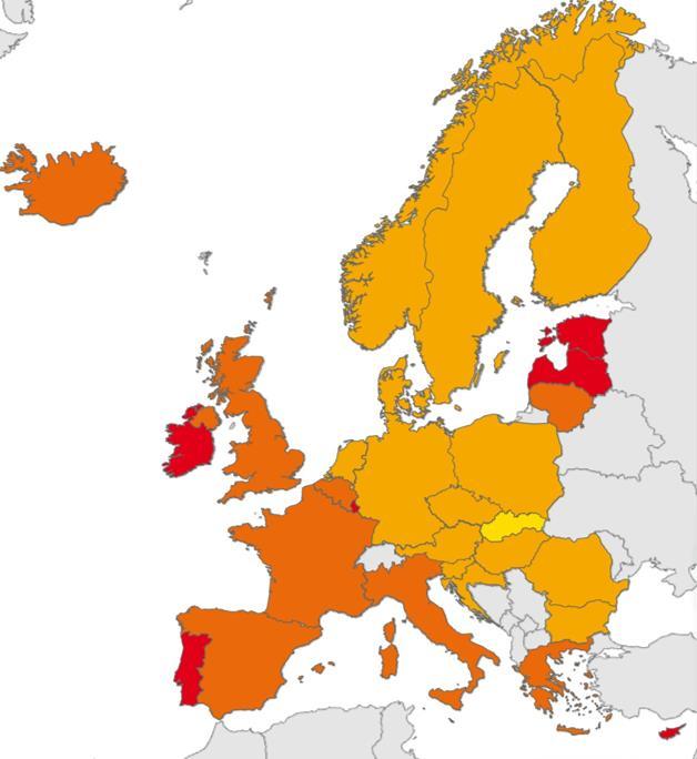 New HIV diagnoses, 2016, EU/EEA Rate per 100 000 population < 2 2 to <5 5 to <10 10 to 20 Not included or not reporting EU/EEA rate: 5.