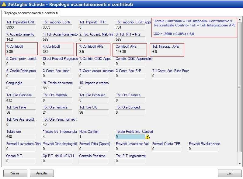 Scheda di Riepilogo Nella sezione di Riepilogo Accantonamenti e Contributi della denuncia vengono totalizzati e calcolati i contributi evidenziando il Totale Contributo APE Lavoratori (calcolato come