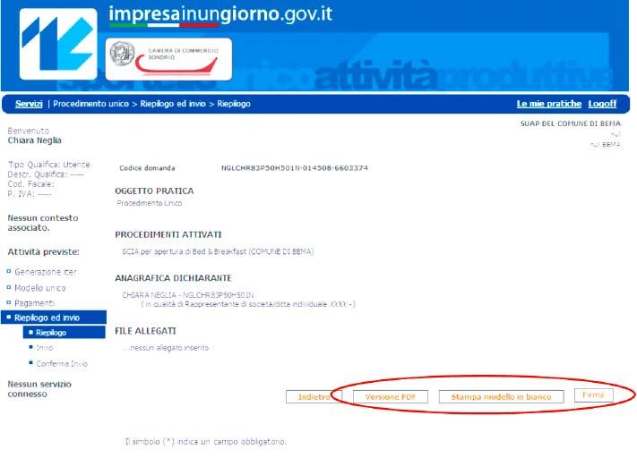 Guida al Procedimento Automatizzato (o con SCIA) nel SUAP camerale 13 Firma e invio SCIA Una volta ultimata la preparazione della SCIA si accede alla schermata di riepilogo delle caratteristiche