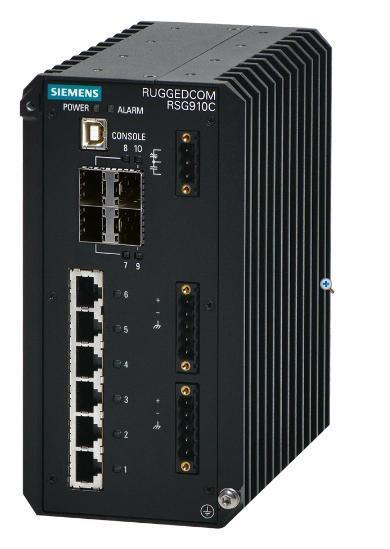 RUGGEDCOM RSG910C L'RSG910C ha un totale di 10 porte con 4 porte Gigabit SFP che offrono la massima flessibilità in termini di velocità e distanza, con supporto fino a 1 Gigabit.