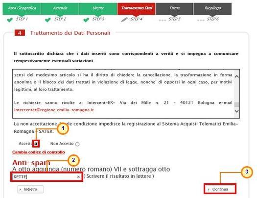 Figura 20: Registrazione al sistema Dati Utente - Continua Registrazione [4] Trattamento Dati Nel quarto step, è necessario accettare il trattamento dei dati personali ed eseguire l operazione