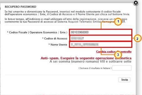 Figura 31: Recupero Password - Inserimento credenziali Successivamente, eseguire l'operazione aritmetica Anti-spam, necessaria per prevenire gli