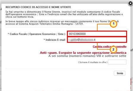 Figura 34: Recupero Codice di Accesso e Nome Utente Verrà mostrata una schermata nella quale dovranno essere inserite le seguenti informazioni: - il Codice Fiscale dell Operatore Economico -