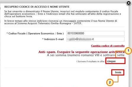 Figura 36: Recupero Codice di Accesso e Nome Utente - Invio Richiesta È possibile cliccare su Cambia Codice di controllo per cambiare l operazione anti-spam nel caso non sia chiara.