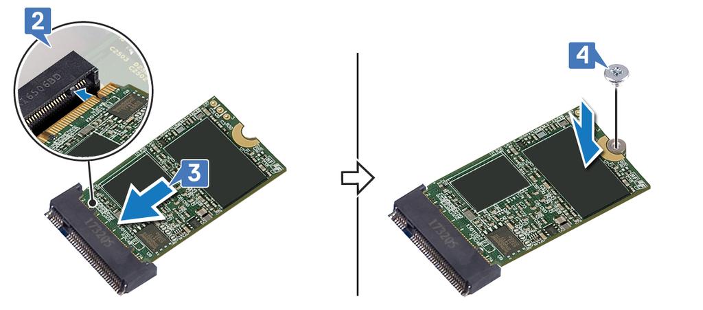 4 Premere l'altra estremità dell'unità a stato solido/memoria Intel Optane, quindi ricollocare la vite (M2x3) che fissa l'unità alla protezione della