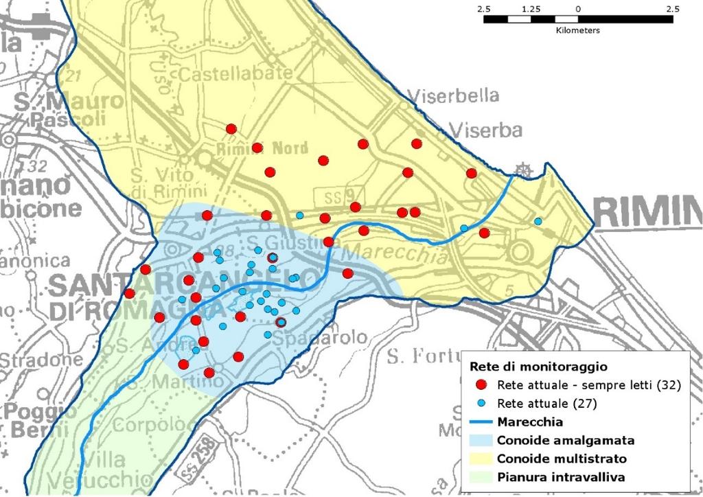 L escursione tra i minimi ed i massimi è decisamente maggiore nei punti di monitoraggio dell acquifero monostrato ed in alcuni punti dell A1 (i più prossimali) rispetto al punto dell A2 (Id 59) ed ai