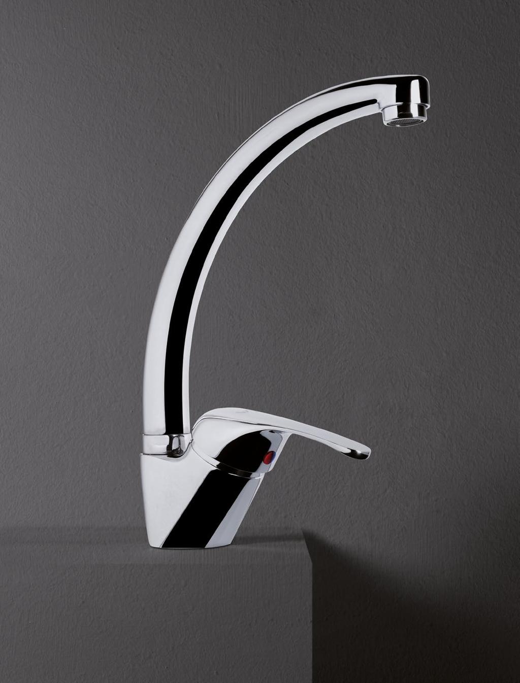 [EN]- Single lever sink mixer with, long swivel spout, connection flex. Ø 40 mm.