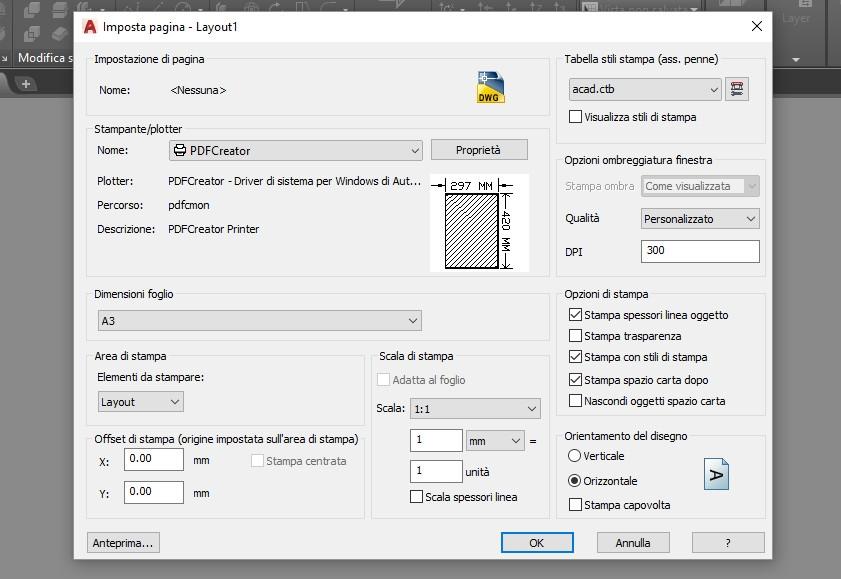 Scelta del device di stampa Apro la finestra dello stile di stampa per settare le penne.