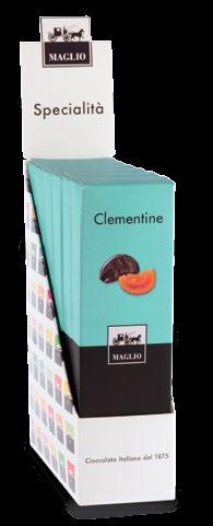 CLEMENTINE Spicchi di clementine calabresi provenienti da agricoltura biologica della piana di Sibari, infuse in distillato di marasca ed avvolte da cioccolato fondente che ne preserva gli aromi, il