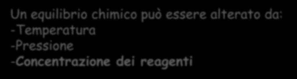 Equilibrio Chimico Un equilibrio chimico può essere alterato da: -Temperatura -Pressione -Concentrazione dei