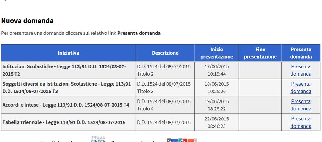 Dopo aver effettuato il login viene visualizzata questa pagina, in cui si dovrà selezionare la voce Diffusione Cultura Scientifica Legge 113/91 (L 6/2000) Bandi dal 2012.