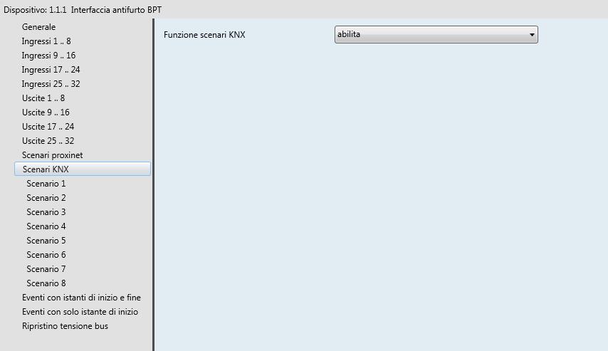 5 Menù Scenari KNX La funzione scenari permette di replicare un determinato stato preimpostato o precedentemente memorizzato a fronte della ricezione del comando di esecuzione scenario; da bus, è