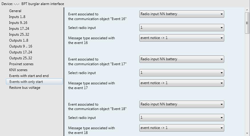 7 "Events with only start" Menu The parameters that let you set up different communication objects for the transmission on the bus of events only with start time generated by the burglar alarm