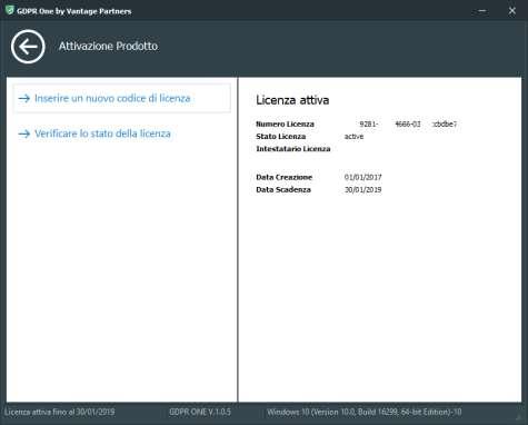 Selezionando l icona è possibile scegliere fra due opzioni: Inserire un nuovo codice di licenza; Verificare lo stato della licenza.