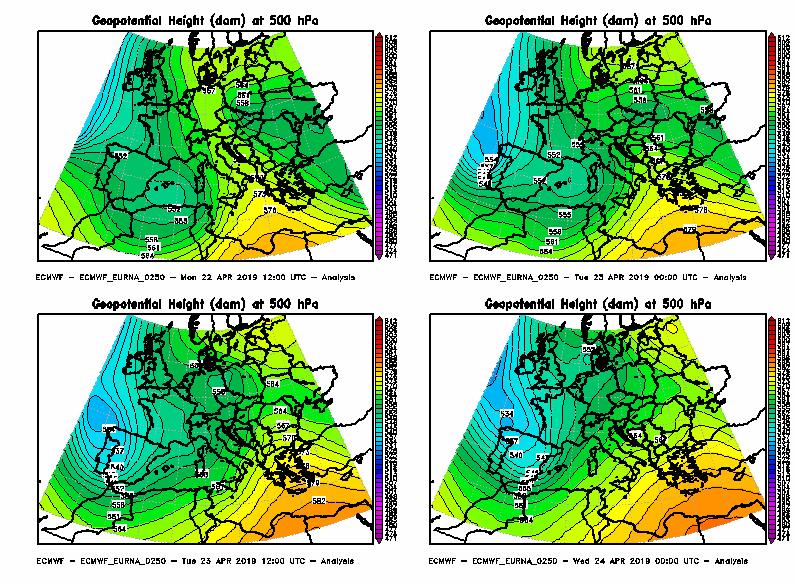 22-26 aprile 2019: prolungata fase instabile con giorno più piovoso del mese La circolazione depressionaria visibile in Figura 3 con minimo sulle coste algerine è avanzata verso nordest nei due
