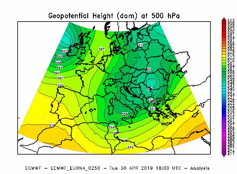 30 aprile 2019: le temperature massime più elevate In tale giorno era presente un promontorio di alta pressione con asse sulla Francia (Figura 7), con diretto interessamento anche della regione