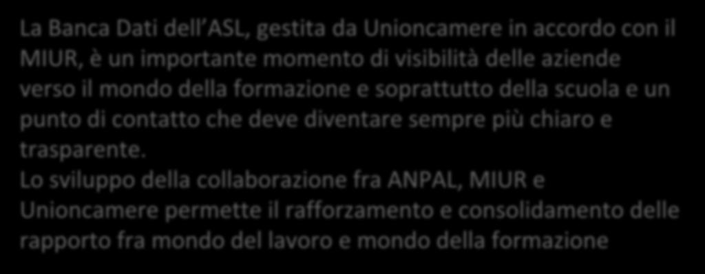 LA RETE ISTITUZIONALE PER I GIOVANI: la collaborazione con Unioncamere La Banca Dati dell ASL, gestita da Unioncamere in accordo con il MIUR, è un importante momento di visibilità delle aziende verso