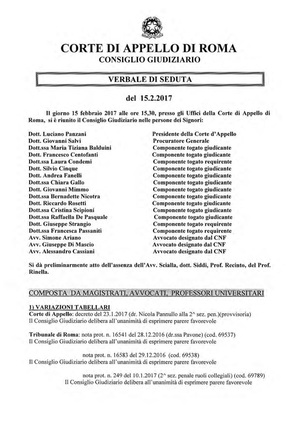 CORTE DI APPELLO IM ROMA CONSIGLIO GIUDIZIARIO VERBALE DI SEDUTA del 15.2.