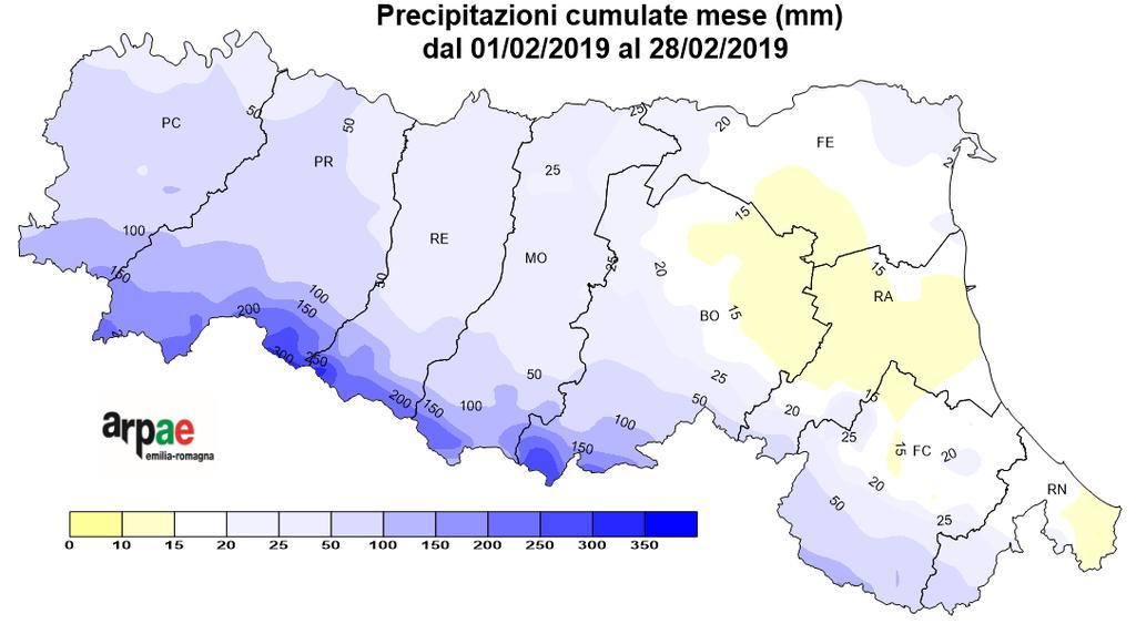 PRECIPITAZIONI del mese In pianura le precipitazioni cumulate mensili hanno avuto un andamento in generale decrescente dalle aree occidentali a quelle orientali passando da valori superiori a 50 mm