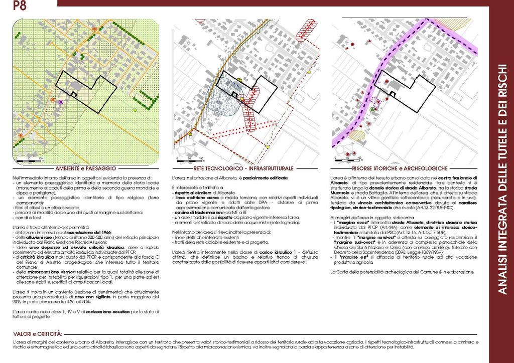 Contenuti Scheda Tutele e rischi Per ogni area è stata elaborata una scheda di dettaglio composta da due parti: la prima attinente contenuti urbanistici, la seconda relativa a temi di tutele e