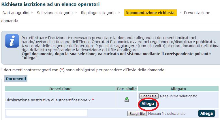 7. Procedere successivamente allegando il documento compilato tramite il tasto Allega dopo averlo selezionato dal menu Scegli File. 8.