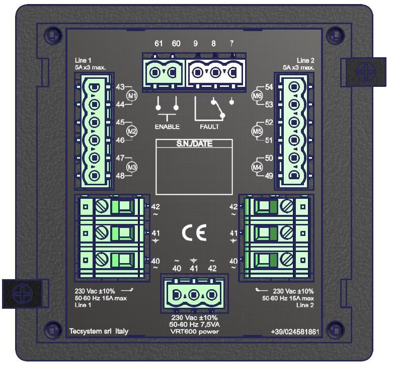 COLLEGAMENTI ELETTRICI VRT600 6 7 5 1 4 2 1MN0050 REV. 0 3 1) Collegamento linee motori M4-M5-M6 (5A Max) 2) Alimentazione linee ventilatori M4-M5-M6 230Vac ±10% 15 Amp.max 50-60Hz.