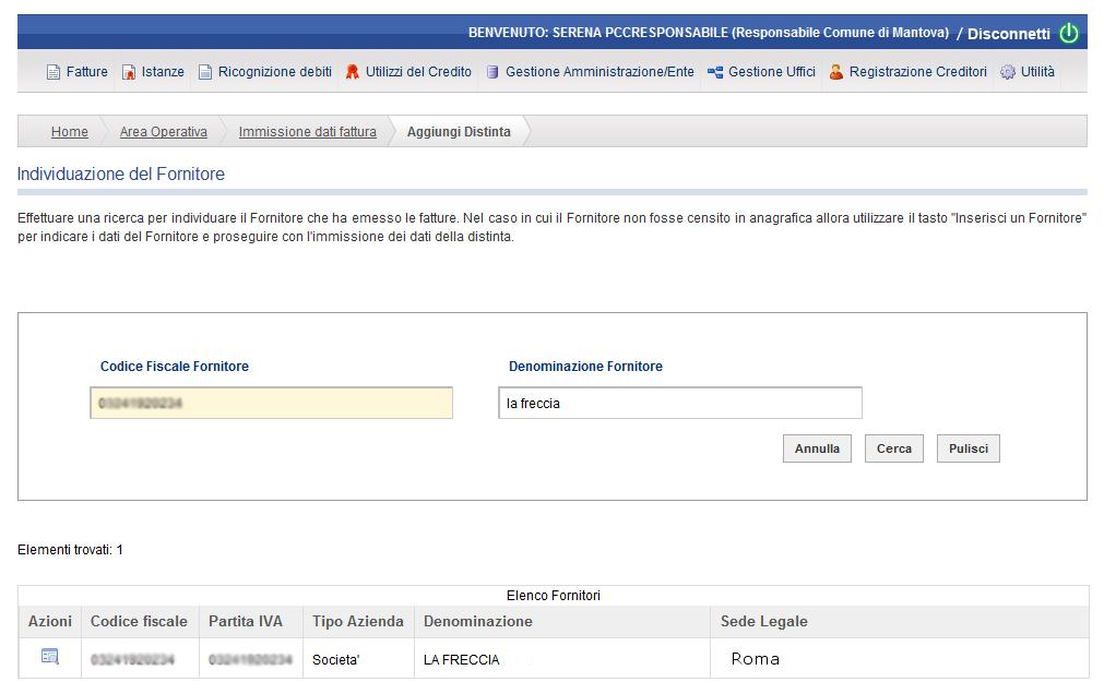 Nella schermata successiva deve essere specificato il creditore intestatario delle fatture che saranno incluse nella distinta.