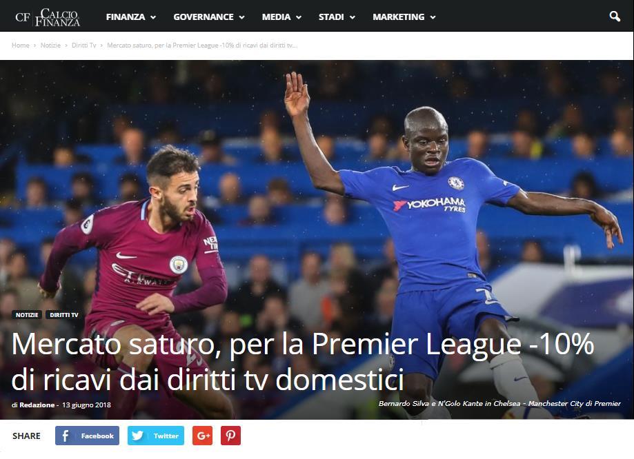 Internazionalizzazione I mercati nazionali dei diritti tv sono saturi L asta per i diritti tv della Premier League per il triennio 2019-2022 si