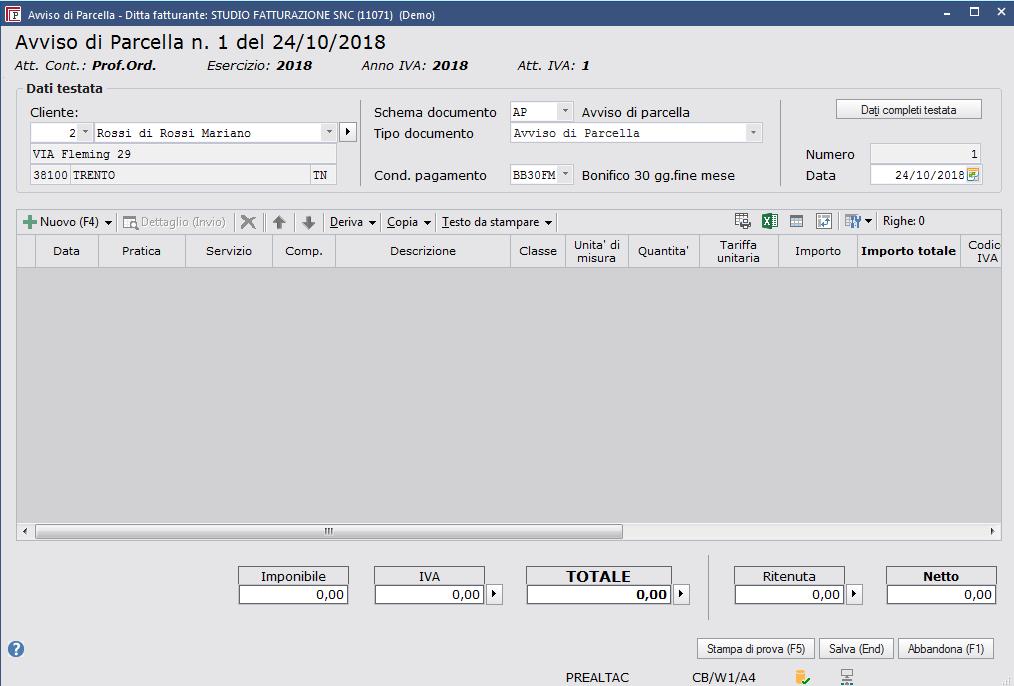 L emissione dei documenti analogici Gestione dello Studio> Fatturazione> Avvisi di parcella Nella