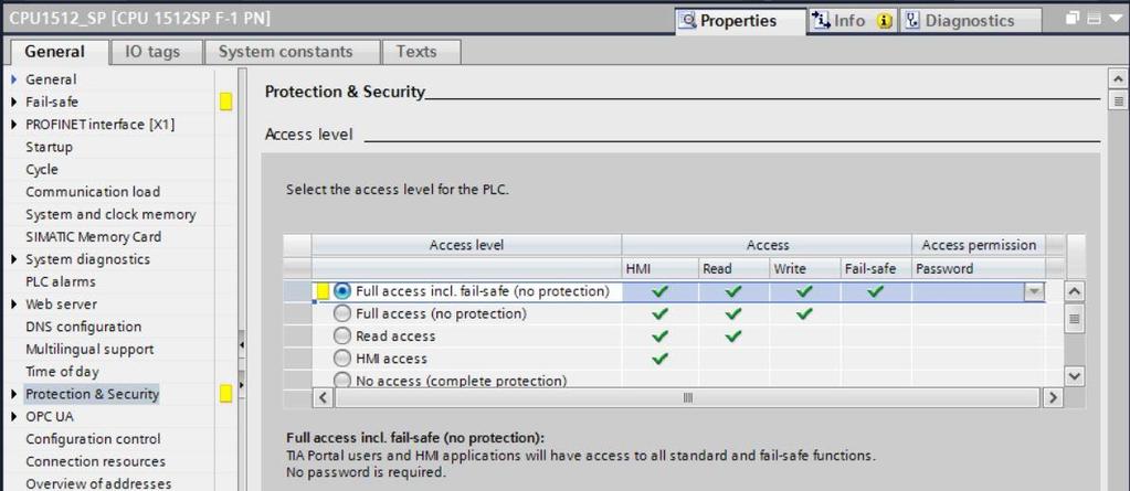 7.5 Configurazione del livello di accesso della CPU 1512SP F-1 PN Aprire il menu Protection (Protezione) e selezionare il livello di accesso Full access incl.