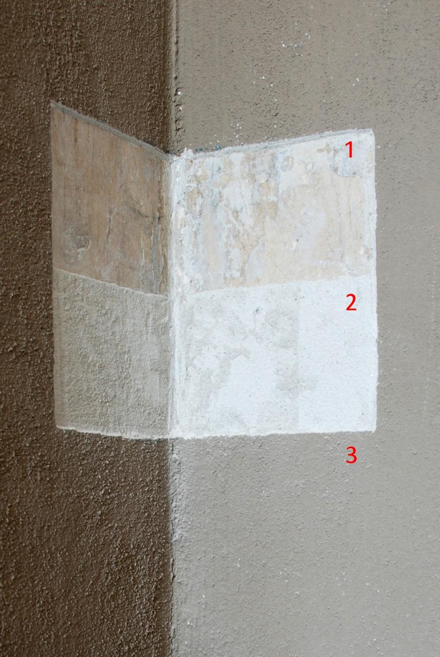 Stratigrafia TS 3B Materiali costitutivi: malta da intonaco. Localizzazione: lato nord, piano terra, III sala (ufficio scuola), parete sinistra, nicchia.