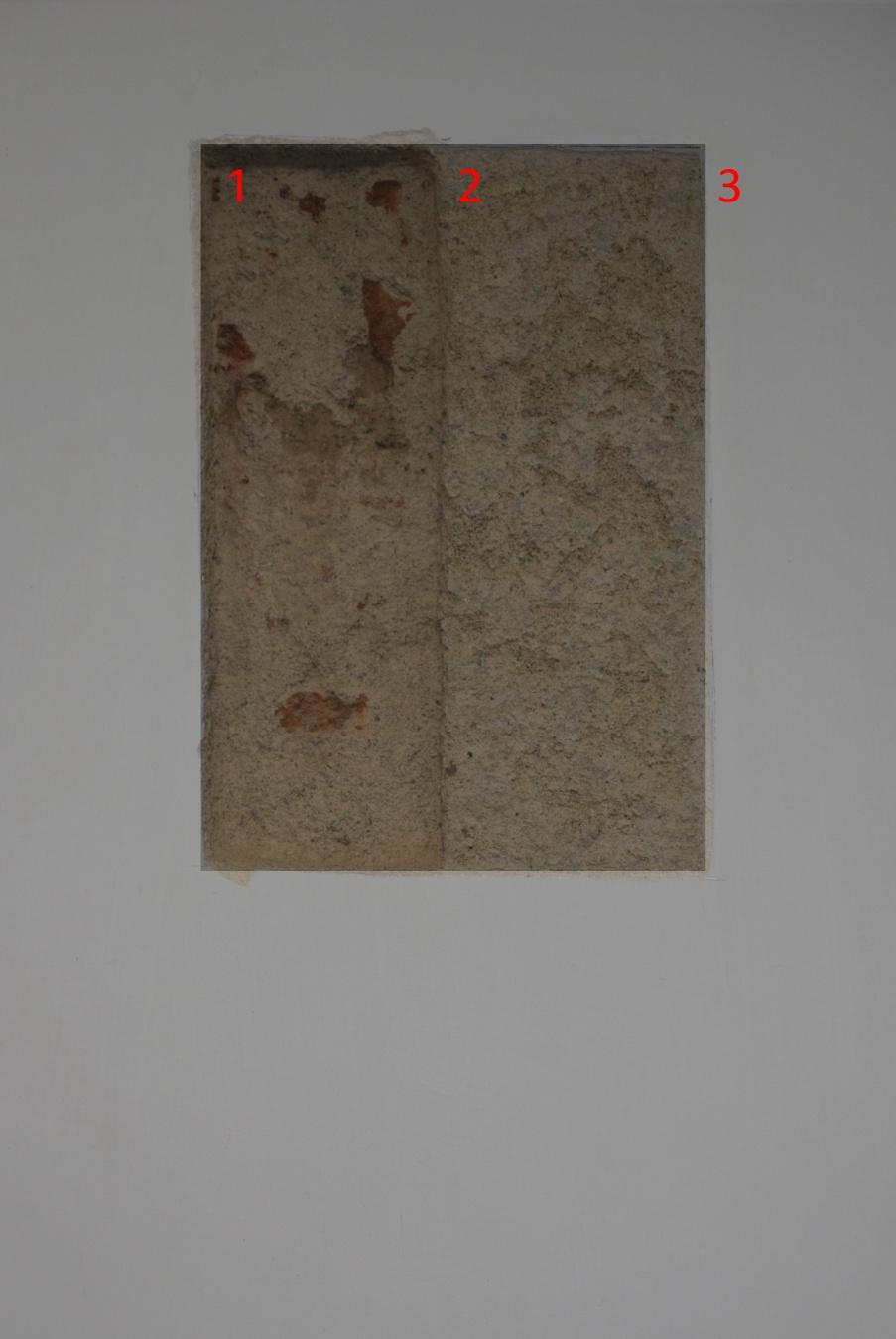 Stratigrafia TS 4C Materiali costitutivi: mattoni, malta da intonaco. Localizzazione: lato nord, piano terra, II sala (ufficio assistente sociale), parete a destra, parti piane verticali.